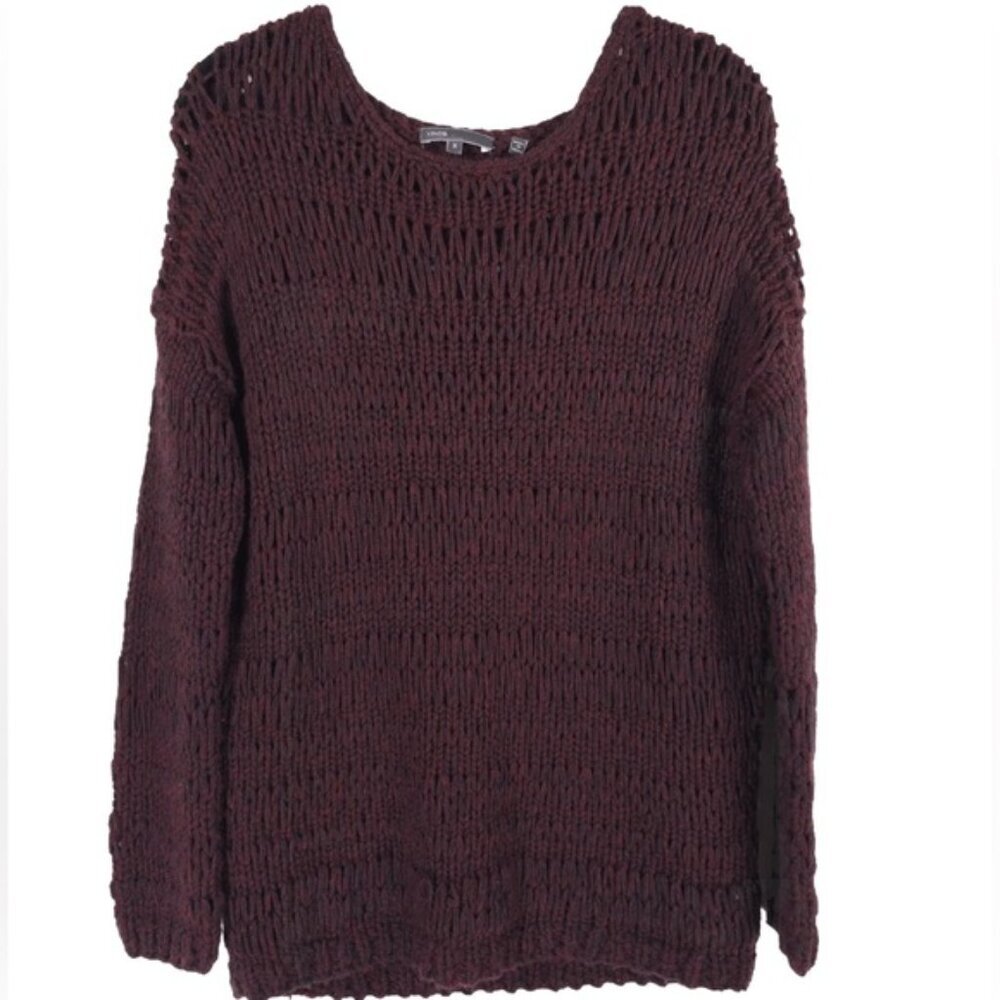 Vince. WOOL Blend Burgundy Wine Knit Crochet Pullover Sweater Size SMALL